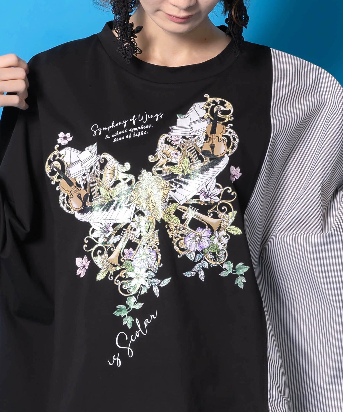 ラメ入りアンティーク柄アシメ異素材切替PO-7