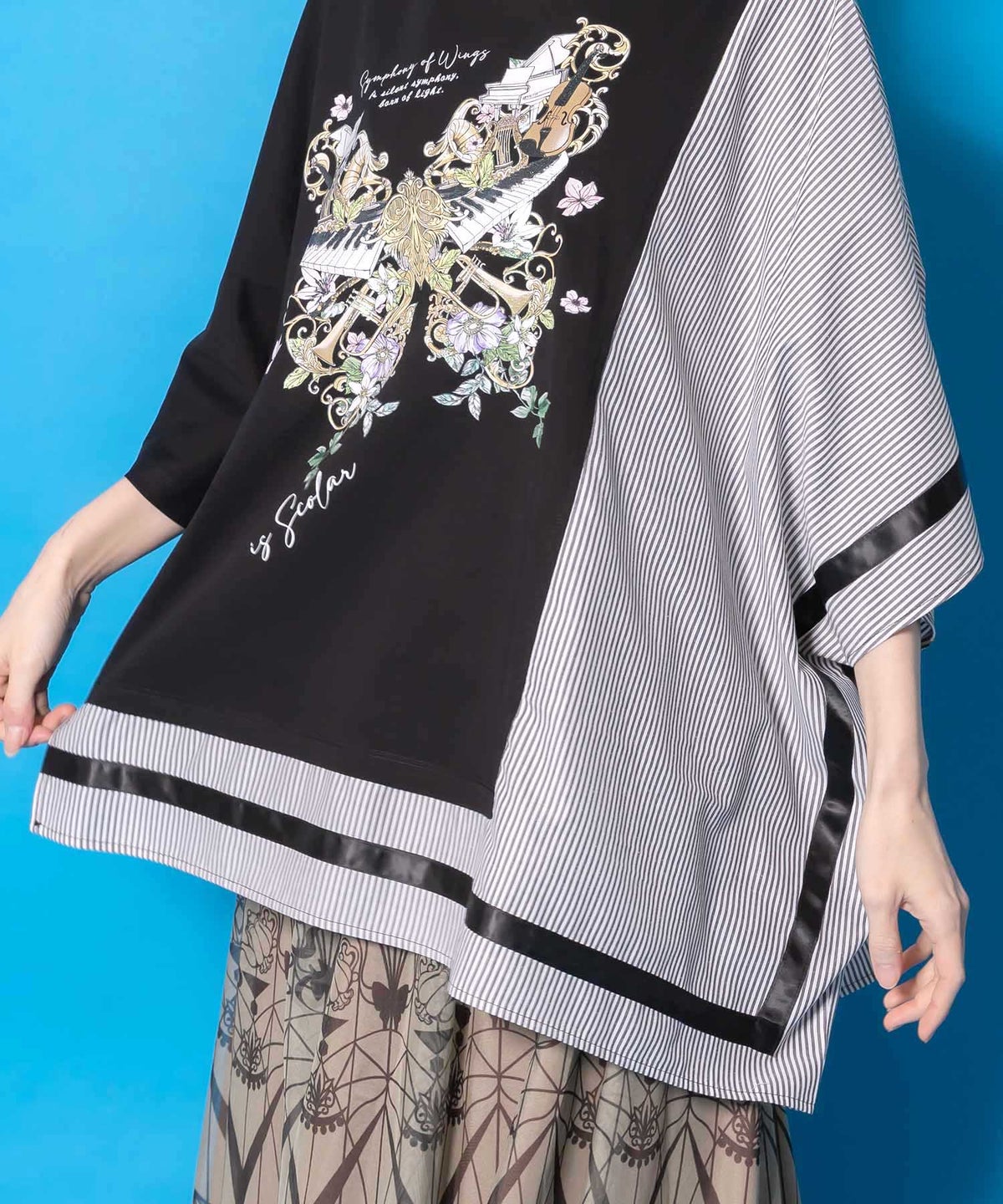 ラメ入りアンティーク柄アシメ異素材切替PO-8