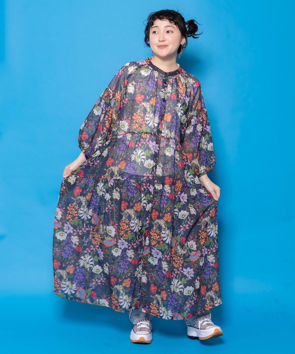 花ネコ柄シアー素材ティアードシャツワンピ-1