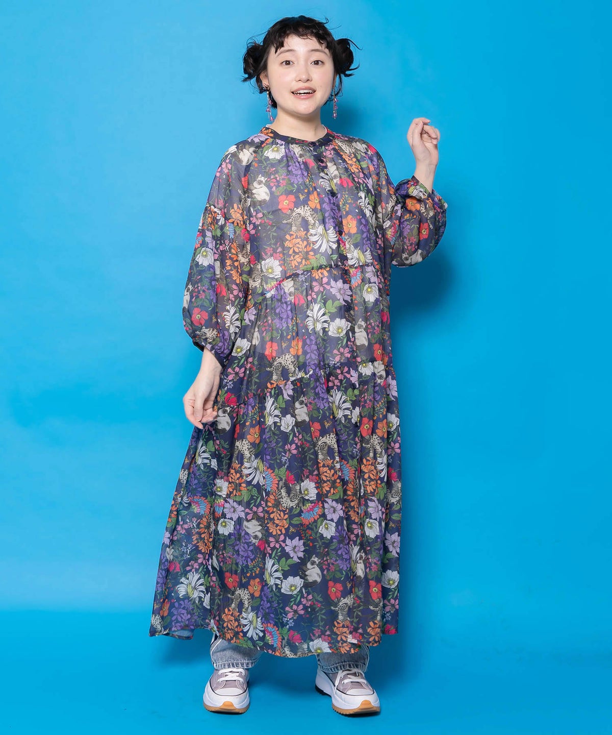 花ネコ柄シアー素材ティアードシャツワンピ-3