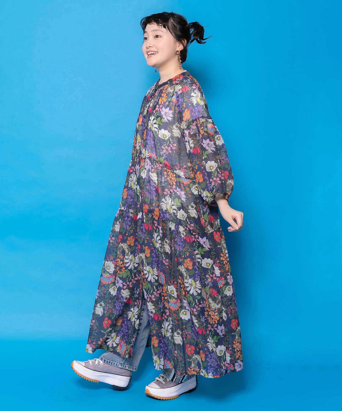 花ネコ柄シアー素材ティアードシャツワンピ-4