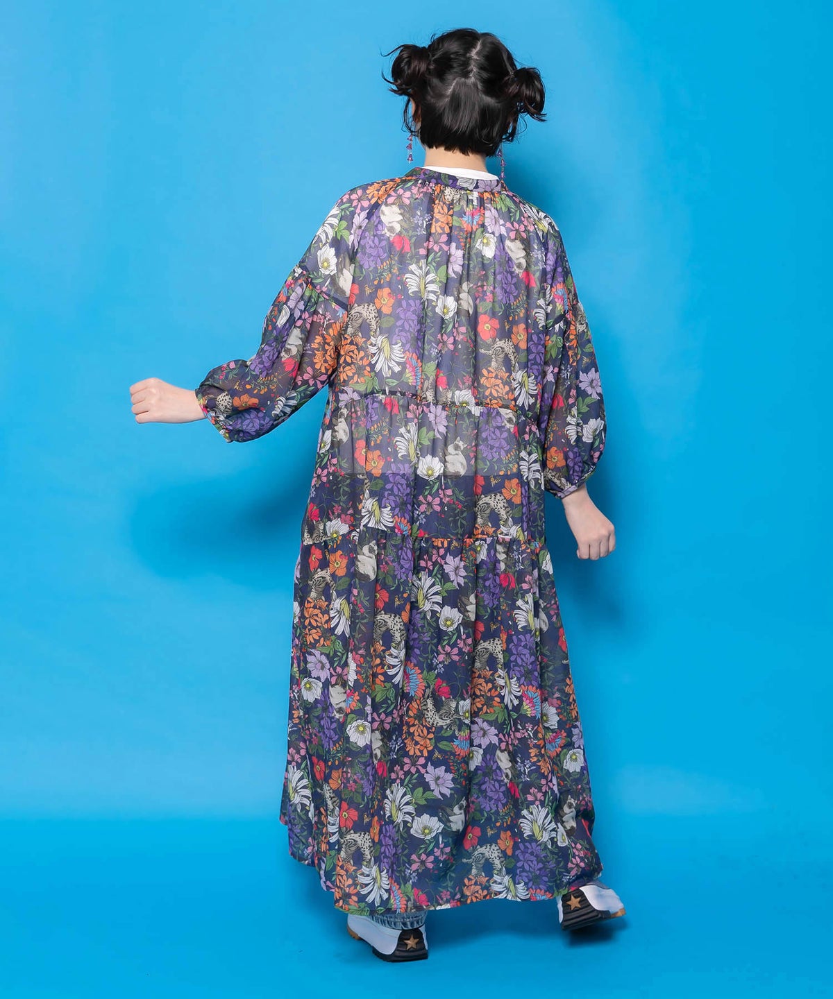 花ネコ柄シアー素材ティアードシャツワンピ-5