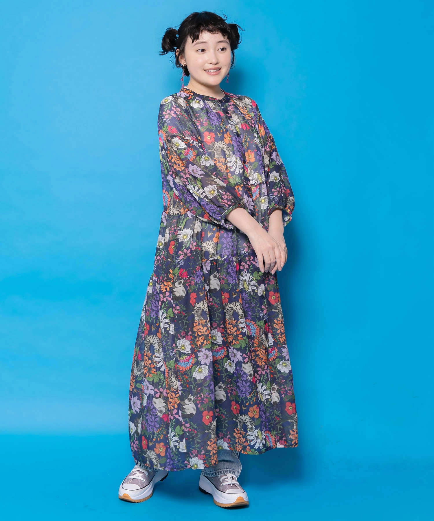 LOVELESS 花柄シアー ロングシャツワンピース ペチコート 金ボタン 紺 161674：花ネコ柄シアー素材ティアードシャツワンピの通販-ScoLar