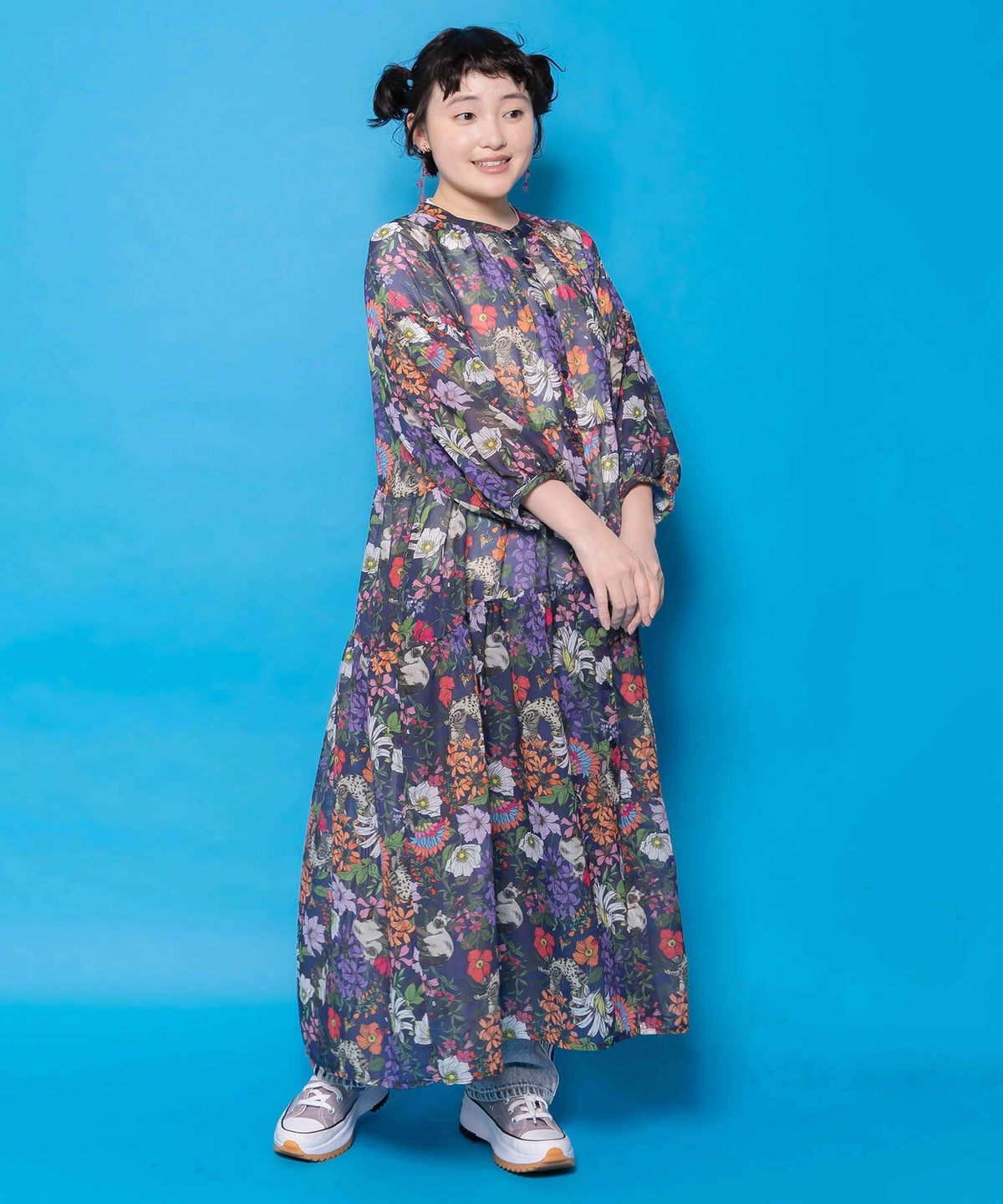 花ネコ柄シアー素材ティアードシャツワンピ-6