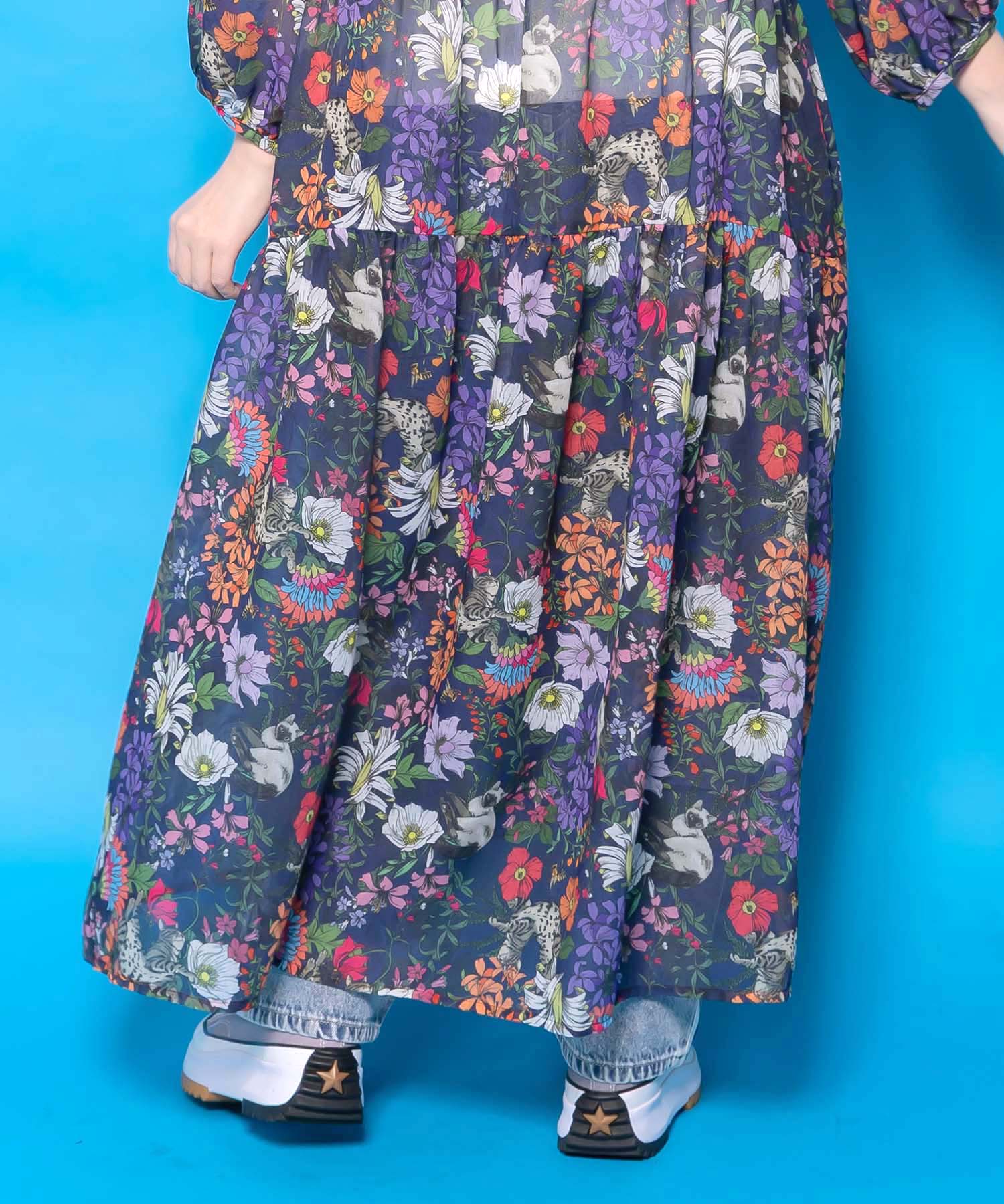 161674：花ネコ柄シアー素材ティアードシャツワンピの通販-ScoLar