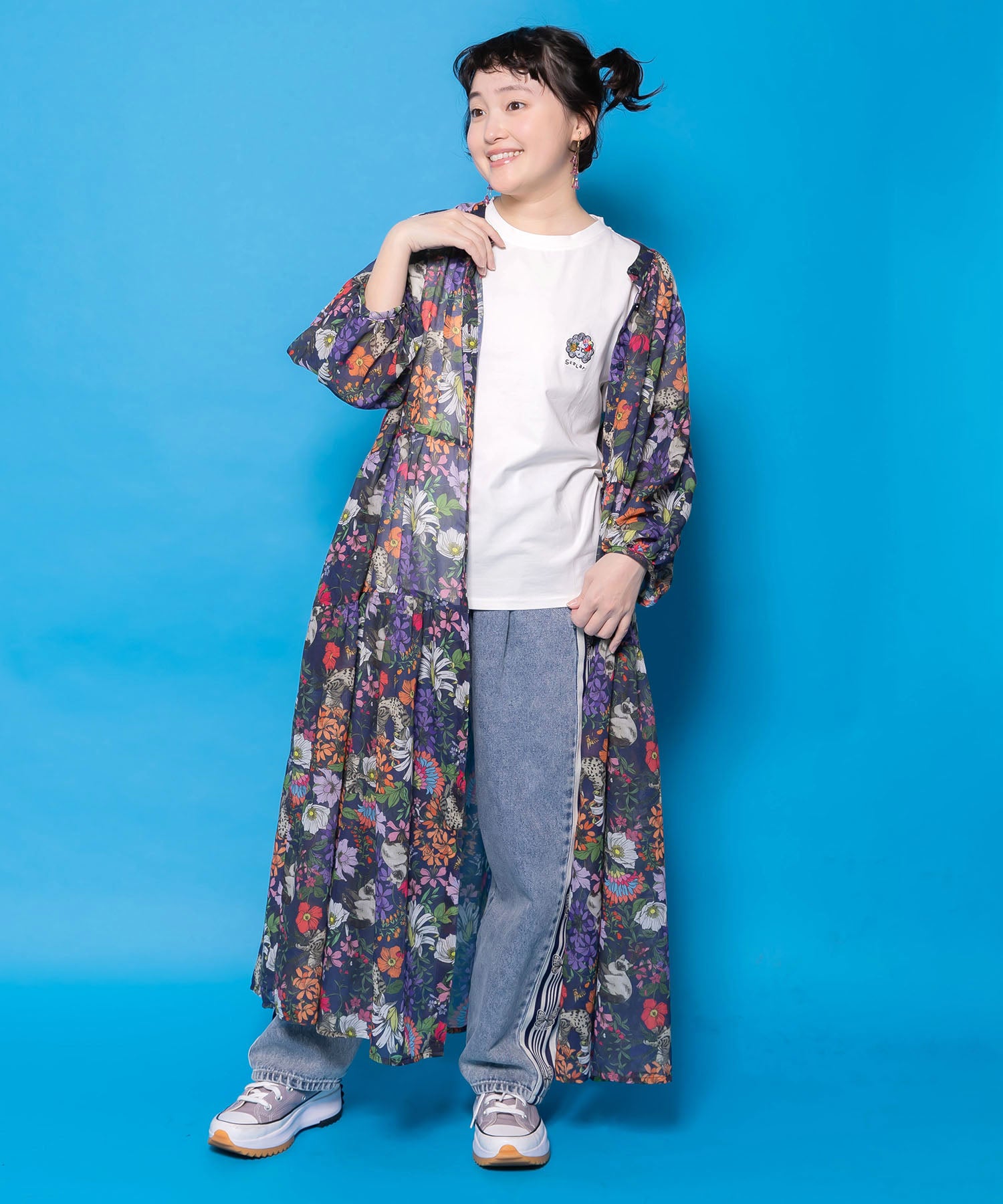161674：花ネコ柄シアー素材ティアードシャツワンピの通販-ScoLar
