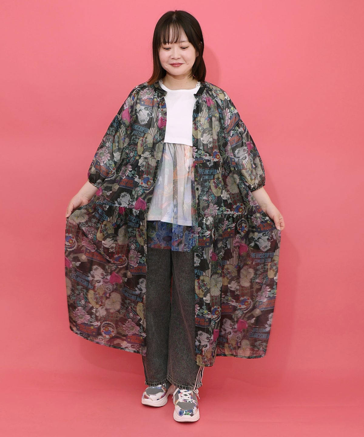 花ネコ柄シアー素材ティアードシャツワンピ-11