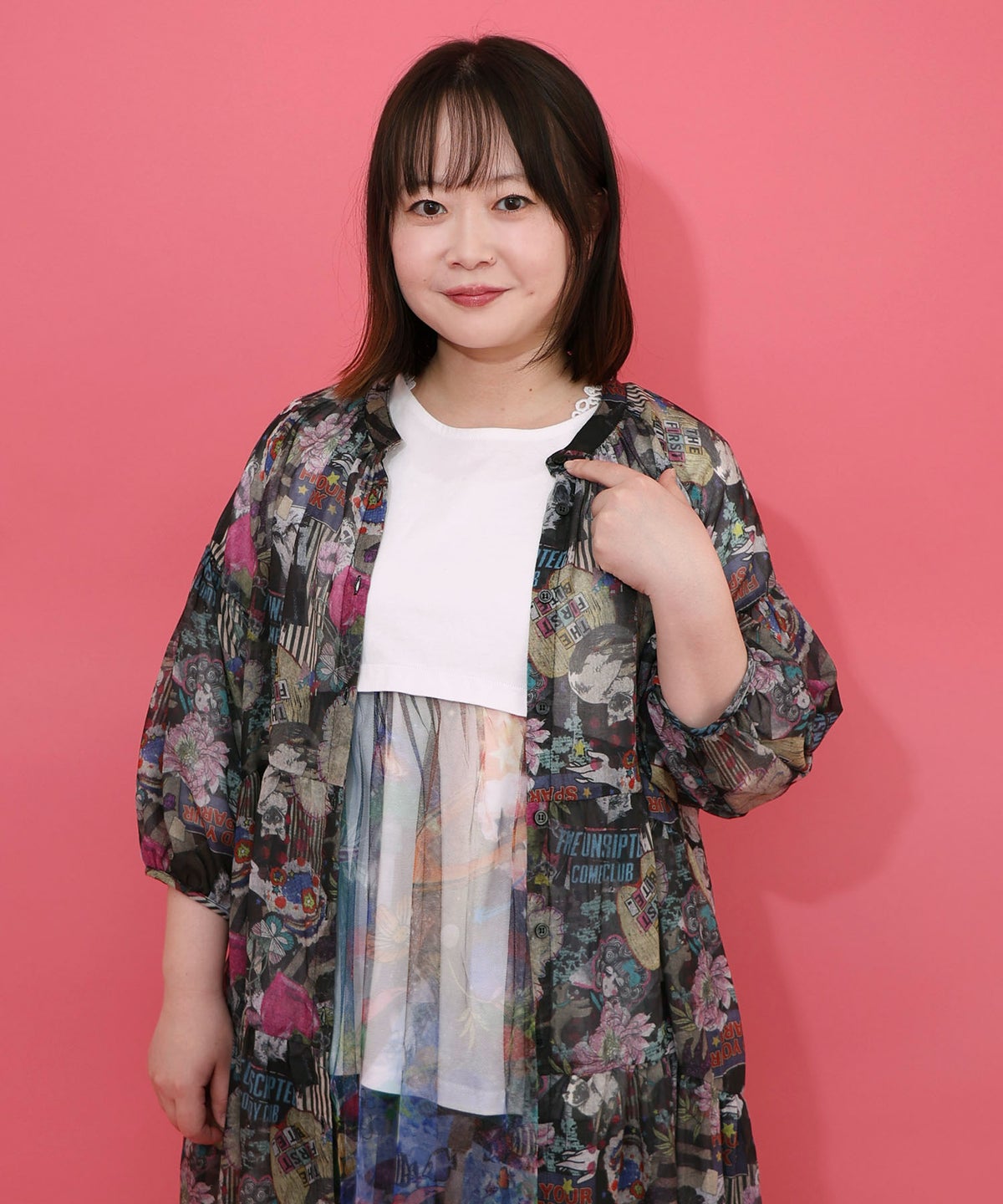 花ネコ柄シアー素材ティアードシャツワンピ-12