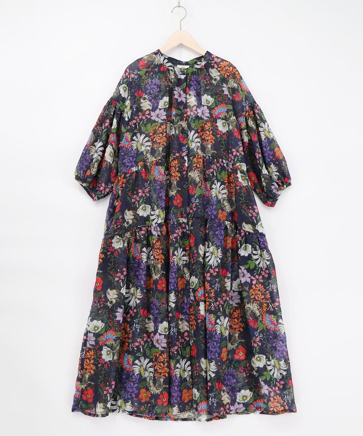 花ネコ柄シアー素材ティアードシャツワンピ-13