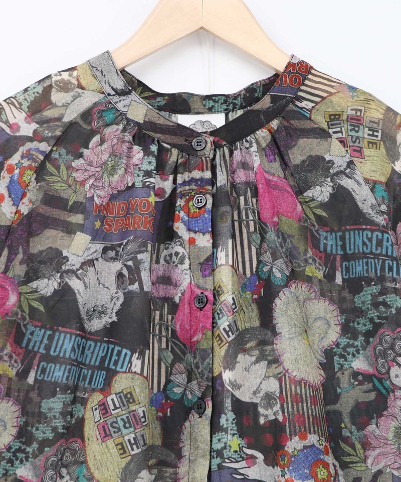 花ネコ柄シアー素材ティアードシャツワンピ-15