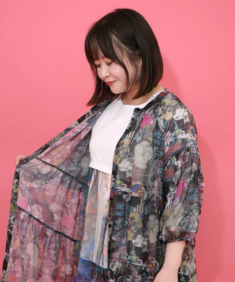 花ネコ柄シアー素材ティアードシャツワンピ-15