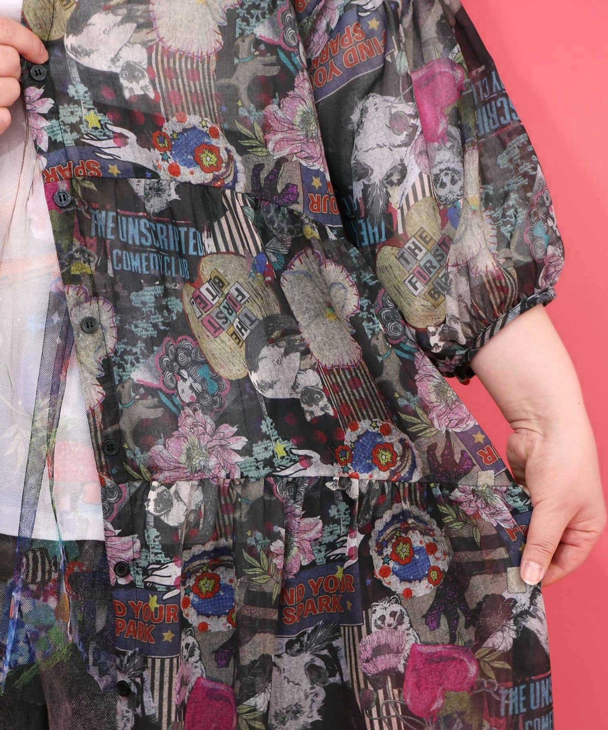 花ネコ柄シアー素材ティアードシャツワンピ-16