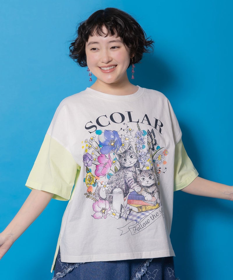 花ネコピクニック柄配色Tシャツ-1