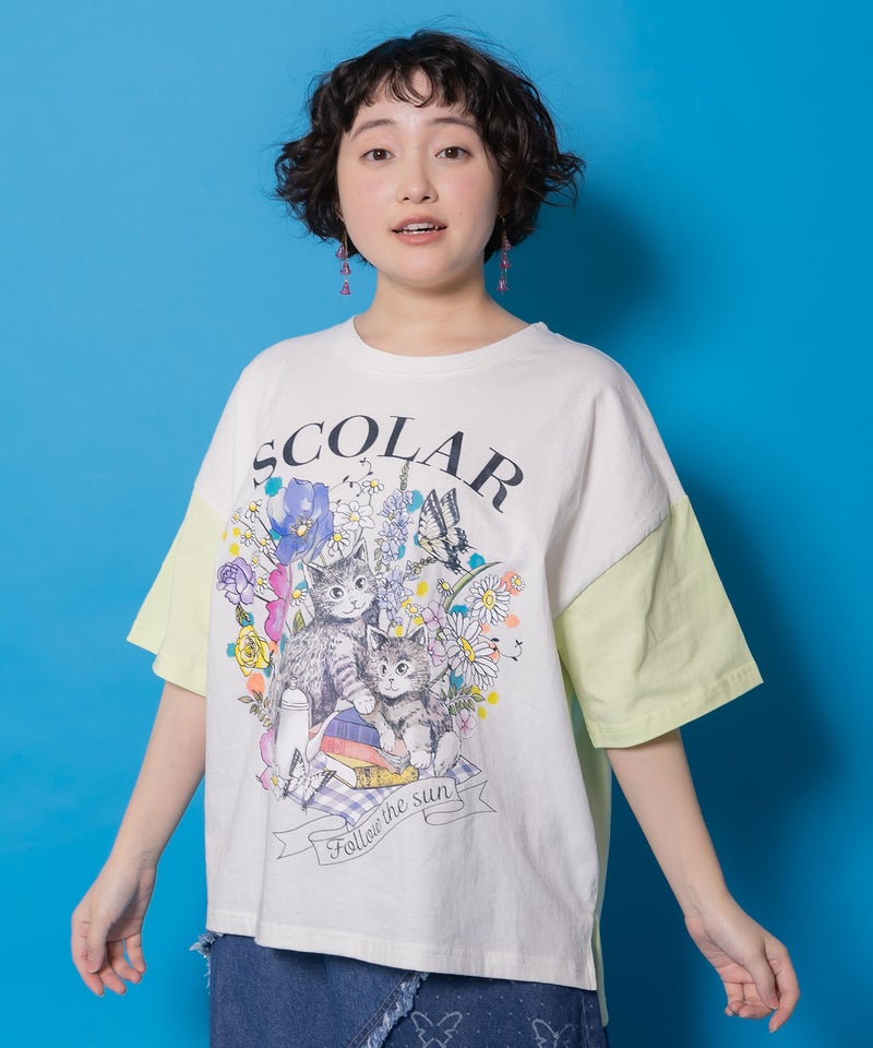 花ネコピクニック柄配色Tシャツ-2