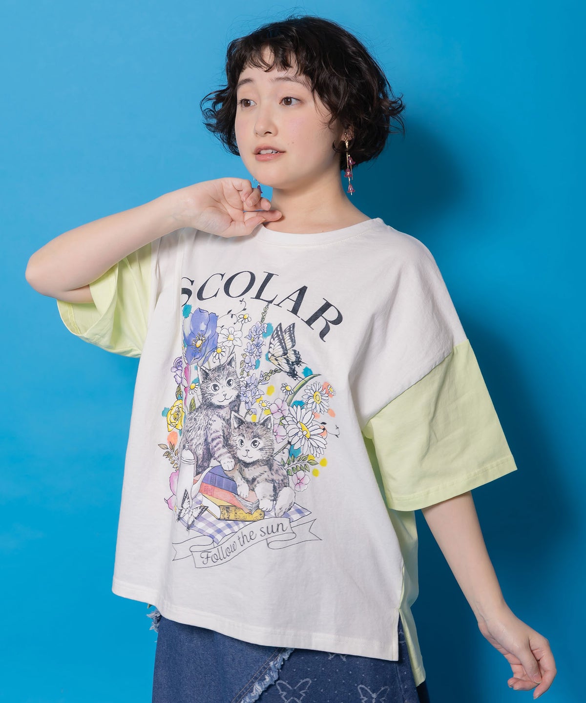 花ネコピクニック柄配色Tシャツ-3