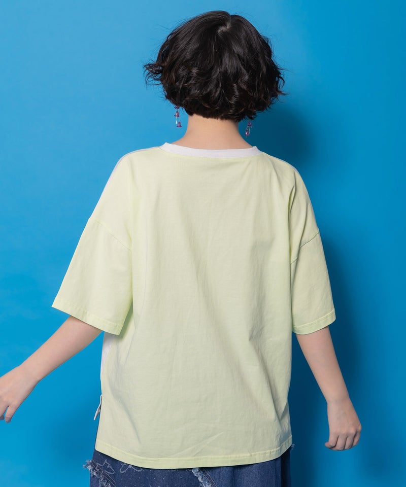 花ネコピクニック柄配色Tシャツ-5