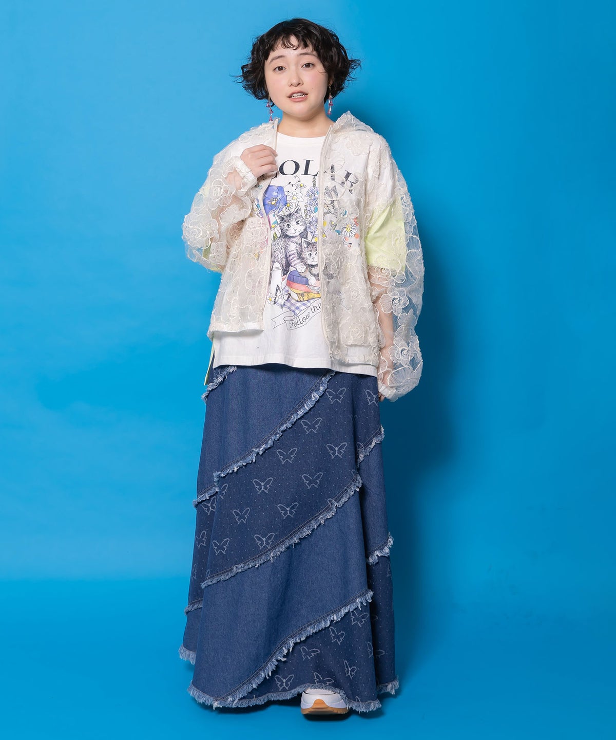 花ネコピクニック柄配色Tシャツ-9