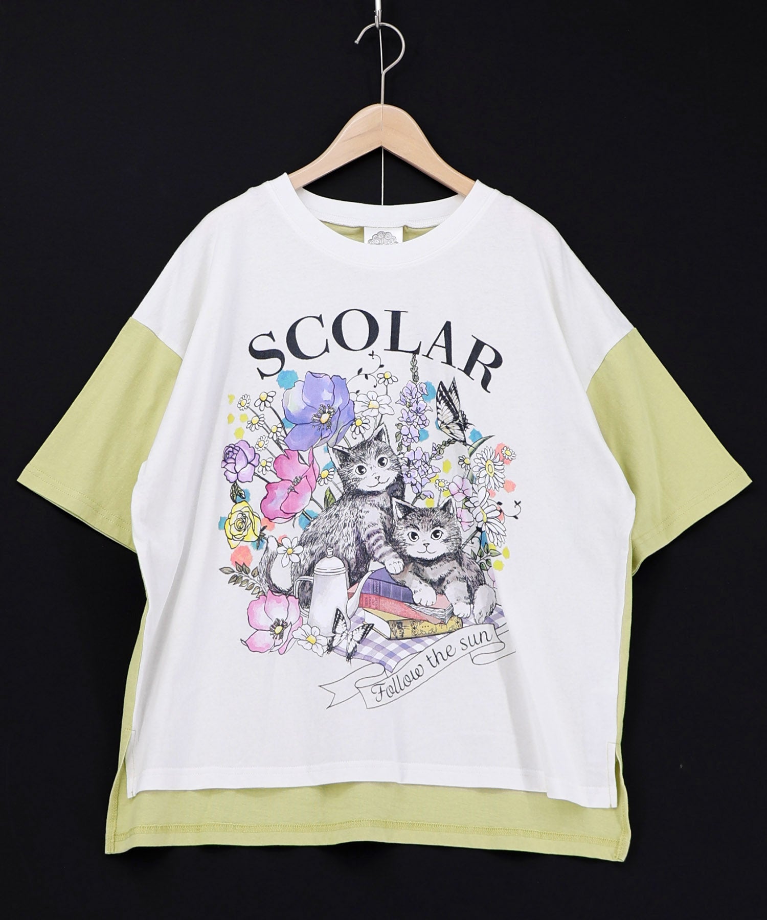 161651：花ネコピクニック柄配色Tシャツの通販-ScoLar