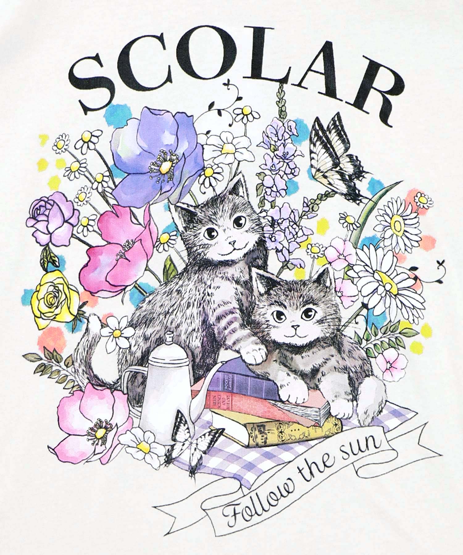 161651：花ネコピクニック柄配色Tシャツの通販-ScoLar