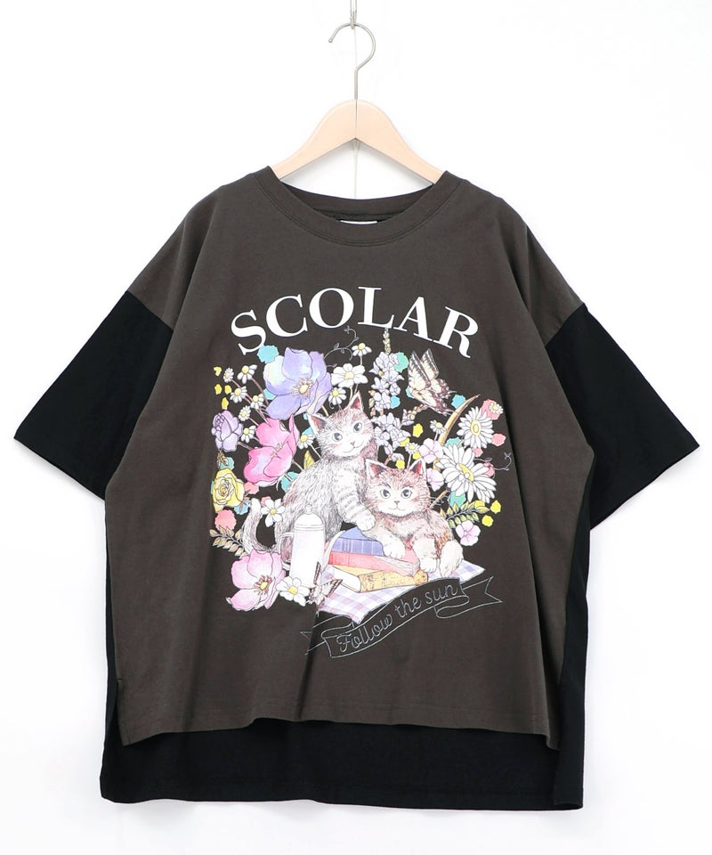 花ネコピクニック柄配色Tシャツ-13