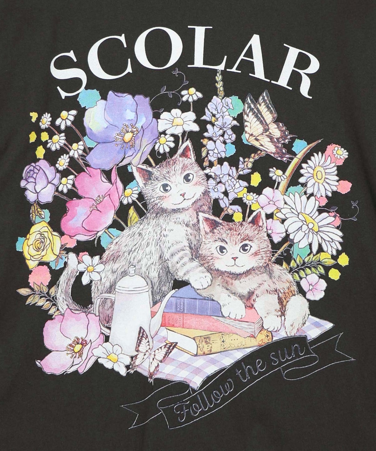 花ネコピクニック柄配色Tシャツ-15