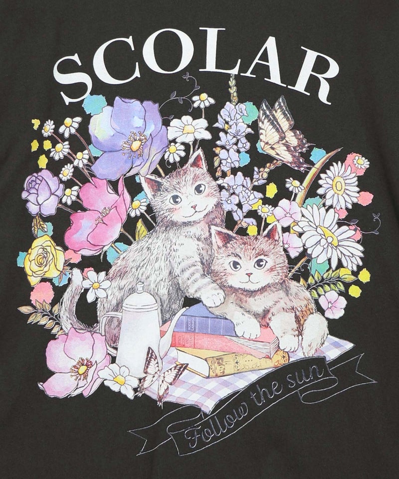 花ネコピクニック柄配色Tシャツ-15