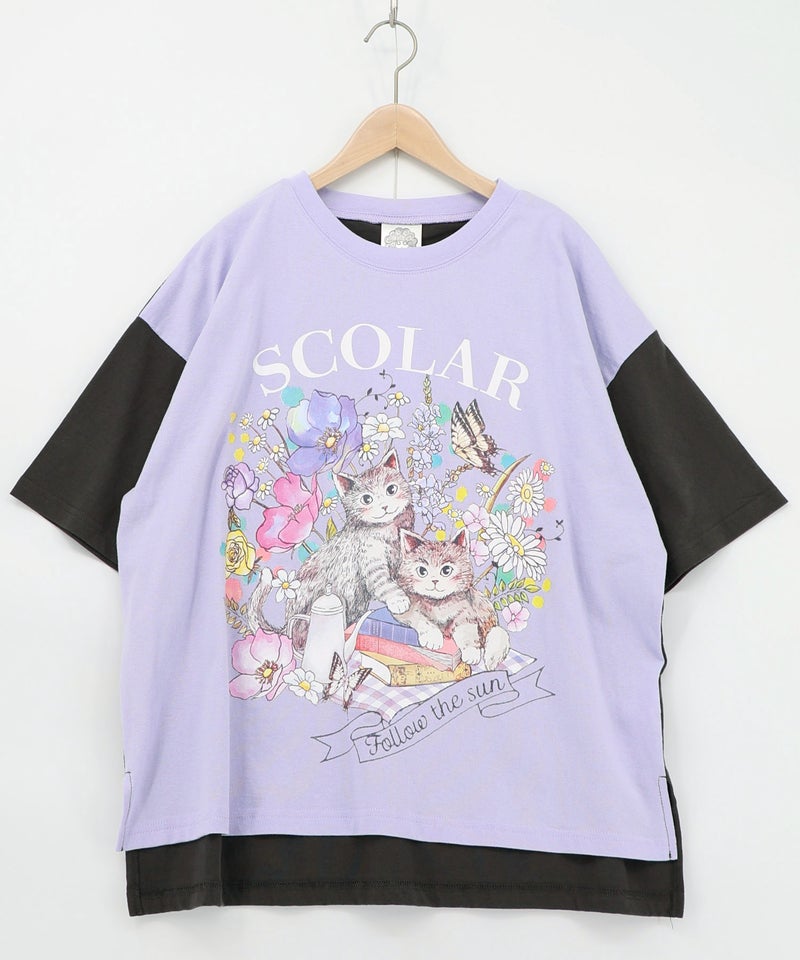 花ネコピクニック柄配色Tシャツ-16