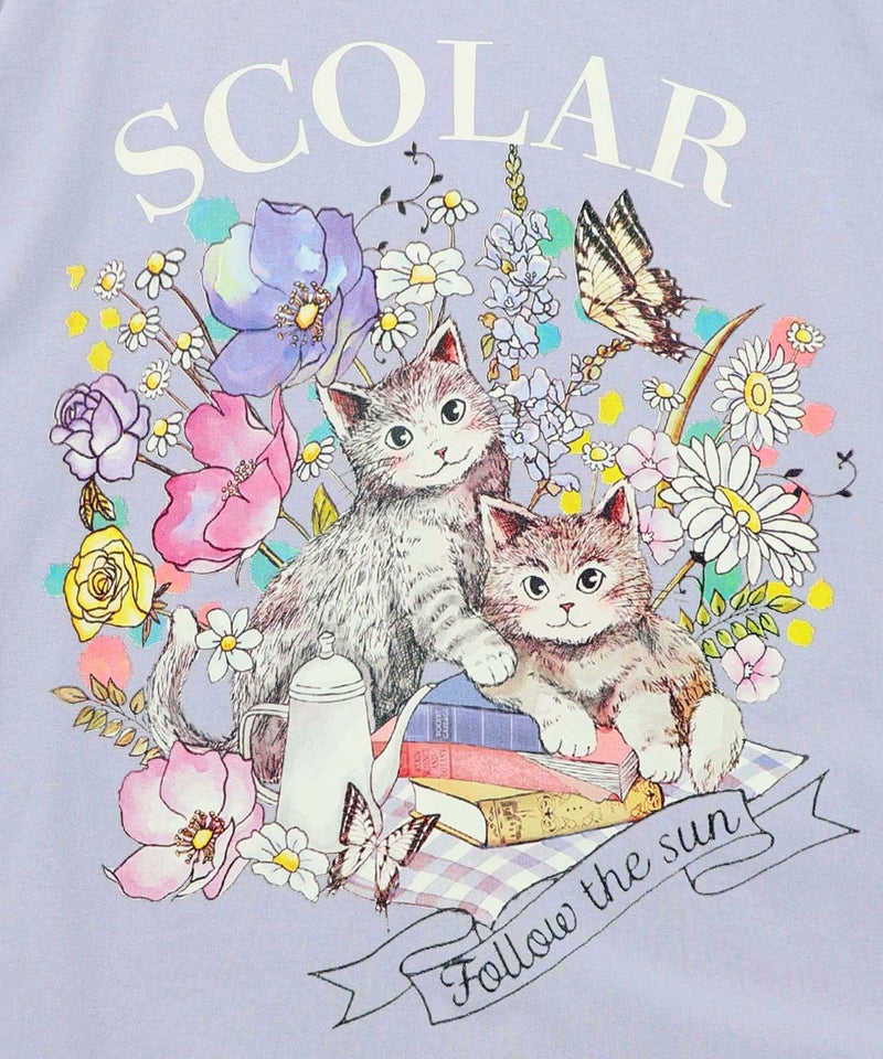 花ネコピクニック柄配色Tシャツ-18