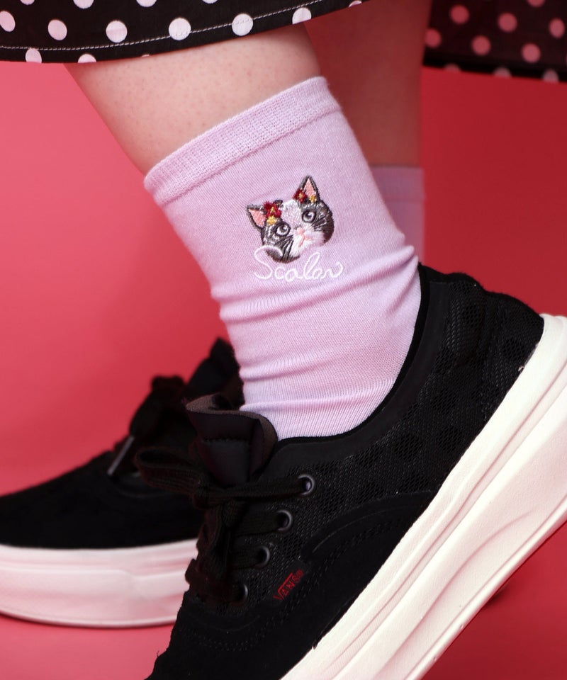 スカラーネコ柄刺繍ソックス-1
