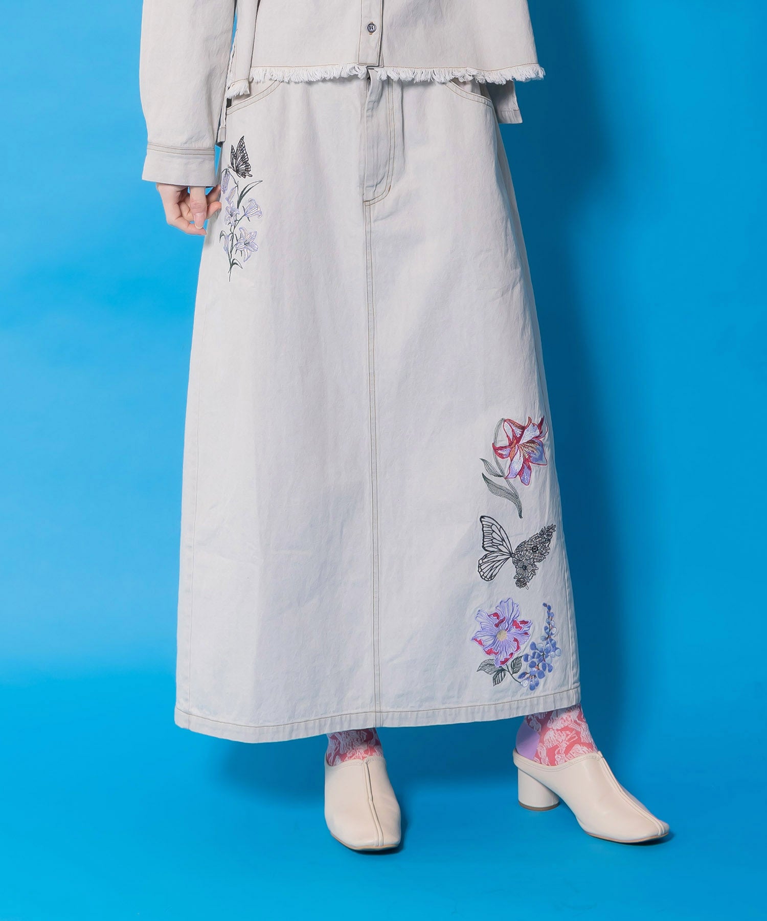 561239：花蝶刺繍デニムロングスカートの通販-ScoLar