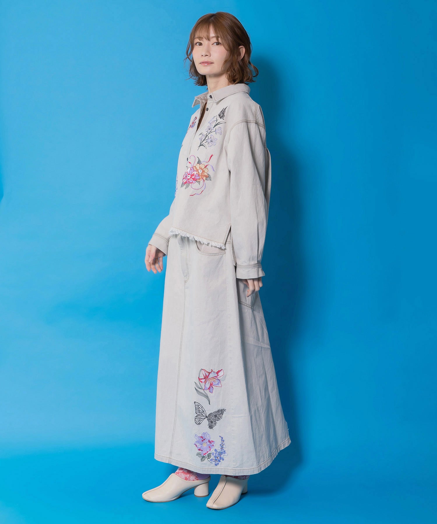 561239：花蝶刺繍デニムロングスカートの通販-ScoLar