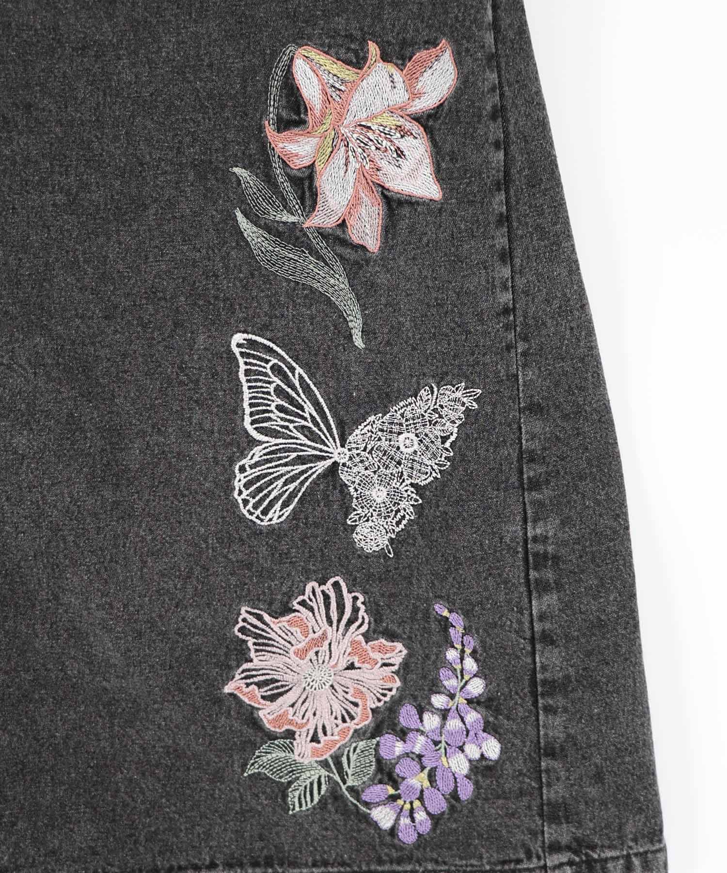 MUVEIL ミュベール ブラック デニムロングスカート 花柄刺繍 MUVEIL フラワー刺繍スカート | KOKO