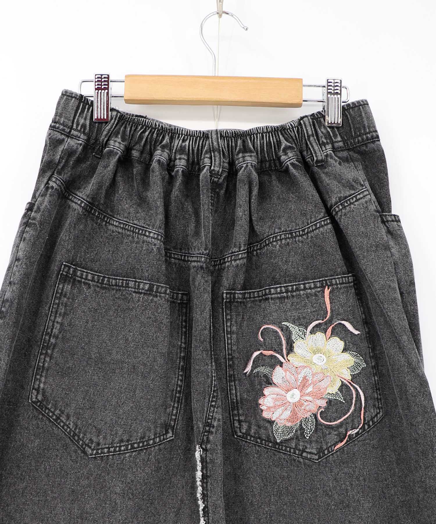 MUVEIL ミュベール ブラック デニムロングスカート 花柄刺繍 MUVEIL フラワー刺繍スカート | KOKO