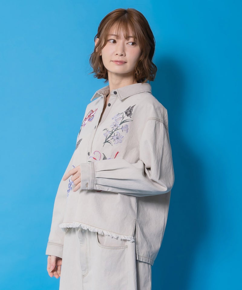 花蝶刺繍すそフリンジ入りデニムシャツ-4