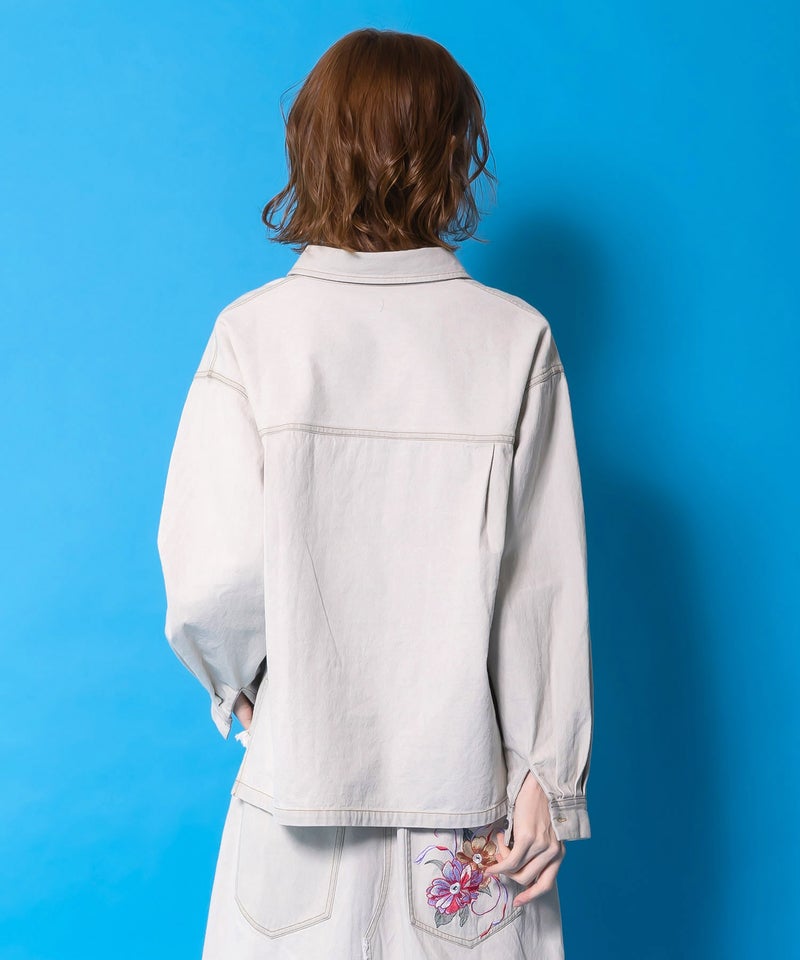 花蝶刺繍すそフリンジ入りデニムシャツ-5