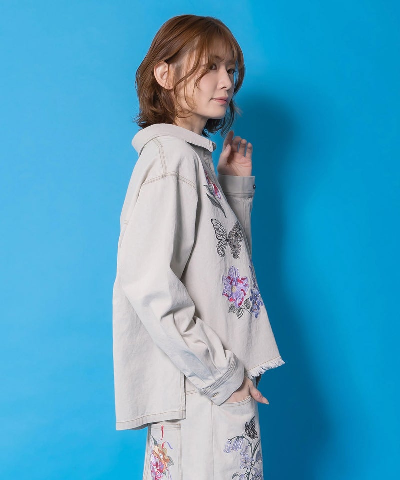 花蝶刺繍すそフリンジ入りデニムシャツ-6