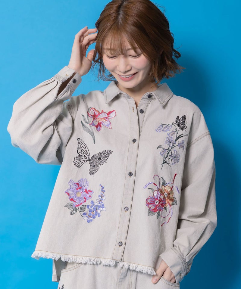 花蝶刺繍すそフリンジ入りデニムシャツ-7