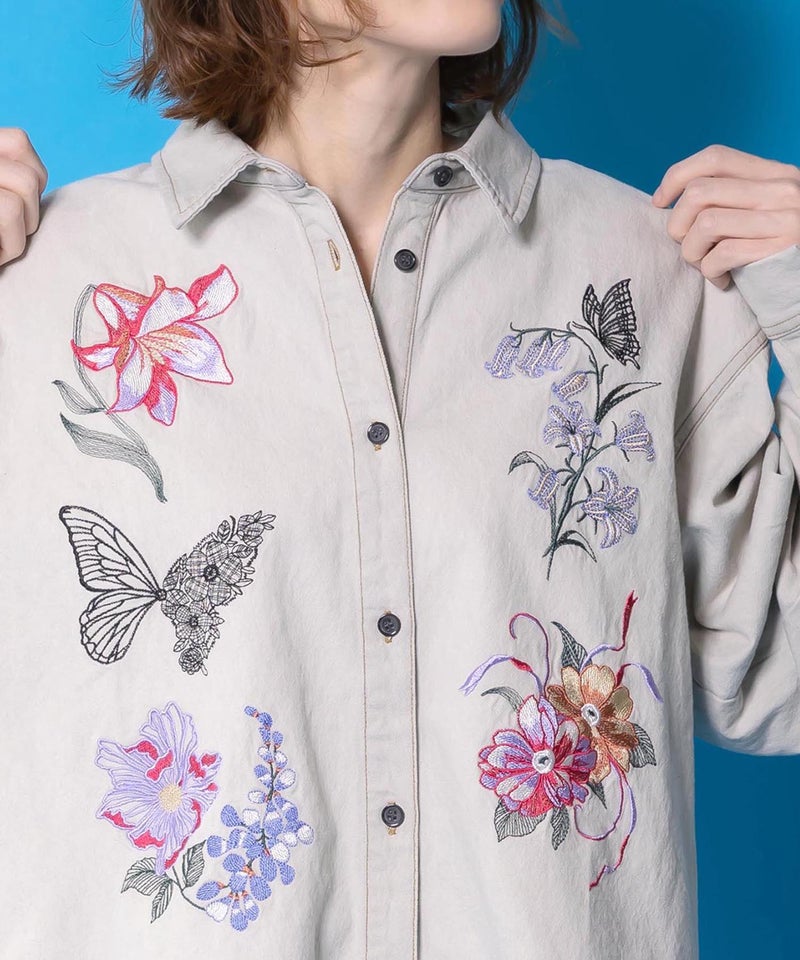 花蝶刺繍すそフリンジ入りデニムシャツ-10