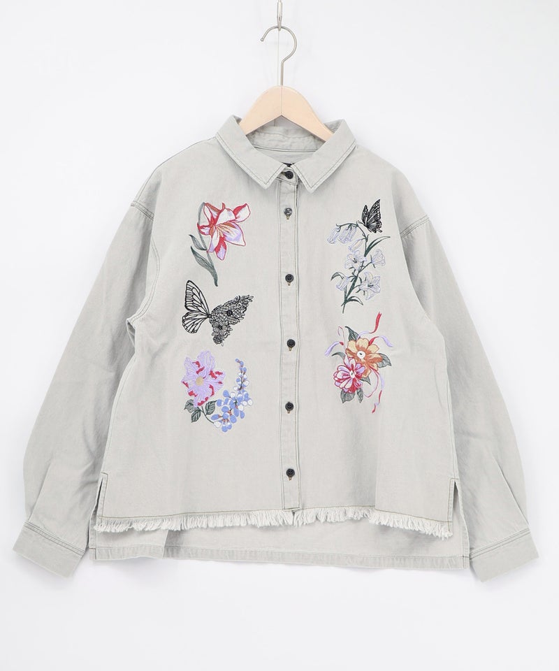 花蝶刺繍すそフリンジ入りデニムシャツ-11