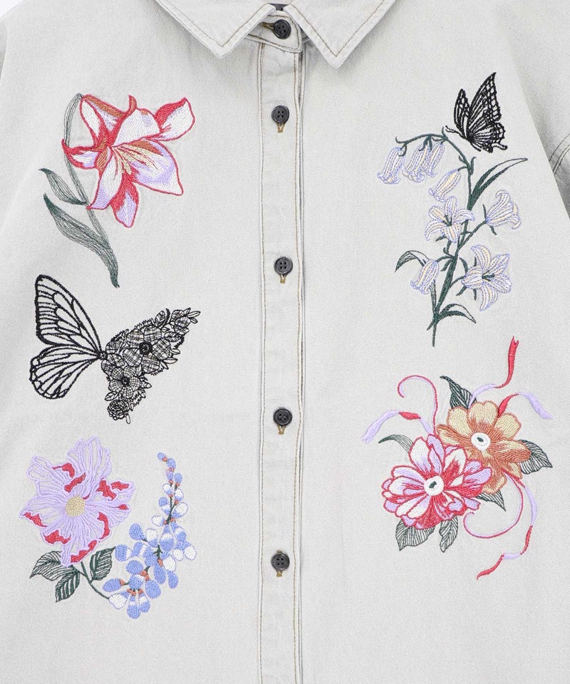 花蝶刺繍すそフリンジ入りデニムシャツ-13