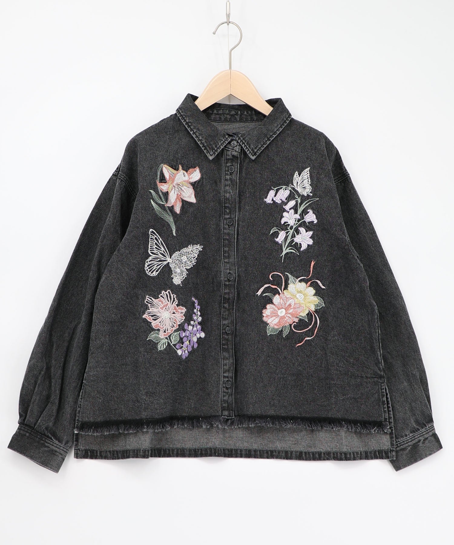 561238：花蝶刺繍すそフリンジ入りデニムシャツの通販-ScoLar