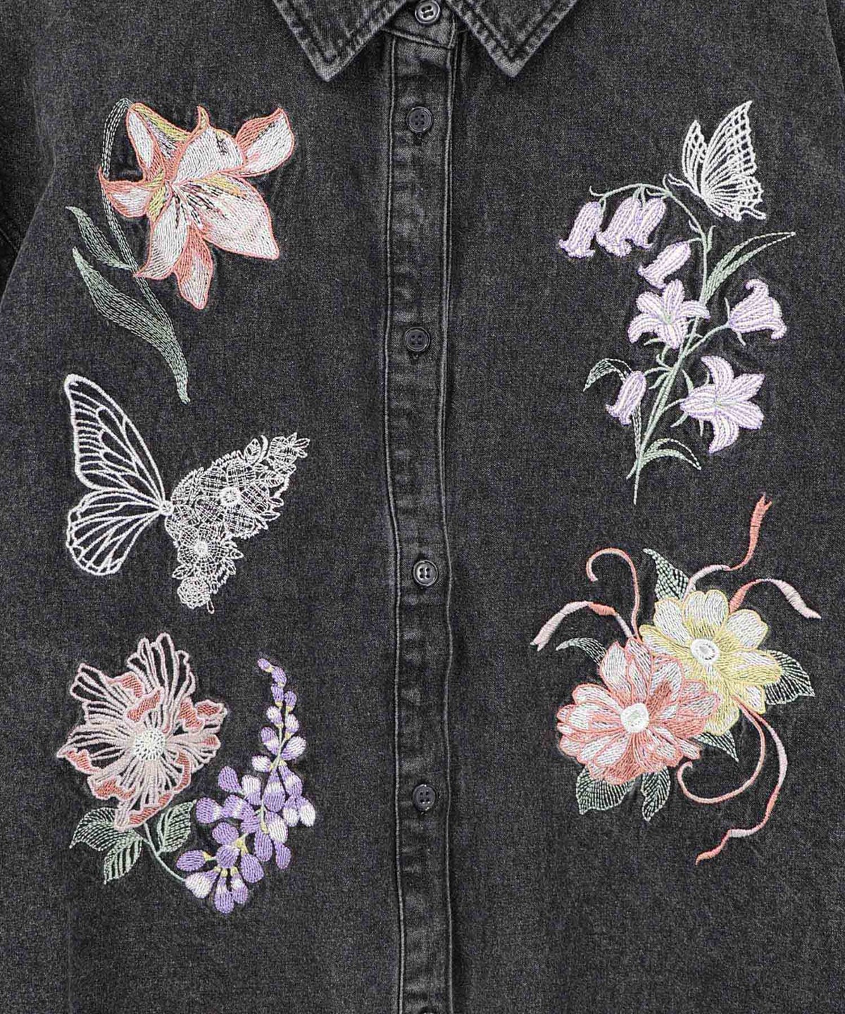 花蝶刺繍すそフリンジ入りデニムシャツ-16