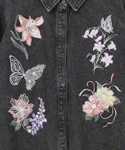 花蝶刺繍すそフリンジ入りデニムシャツ-16