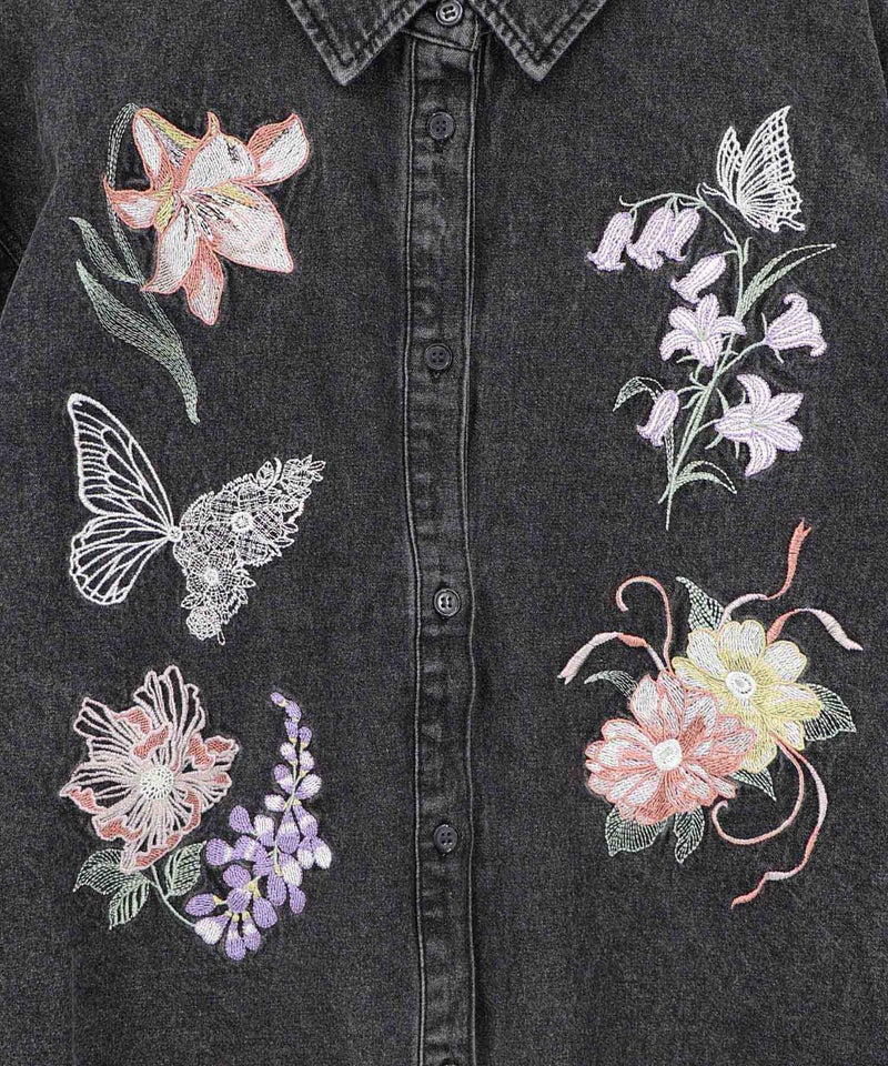 花蝶刺繍すそフリンジ入りデニムシャツ-16