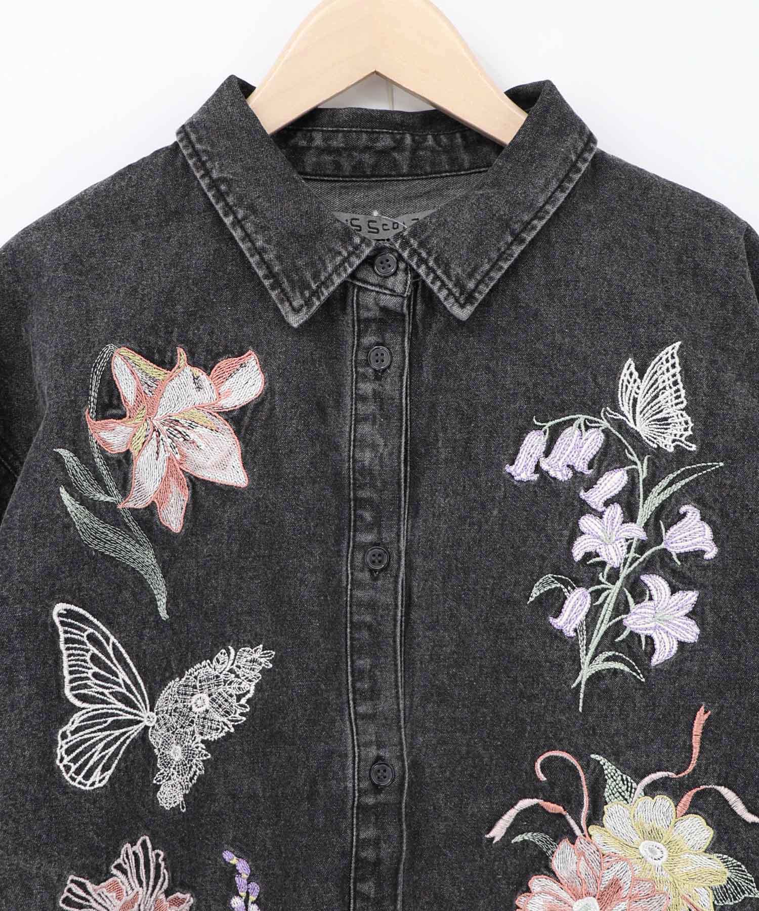 561238：花蝶刺繍すそフリンジ入りデニムシャツの通販-ScoLar