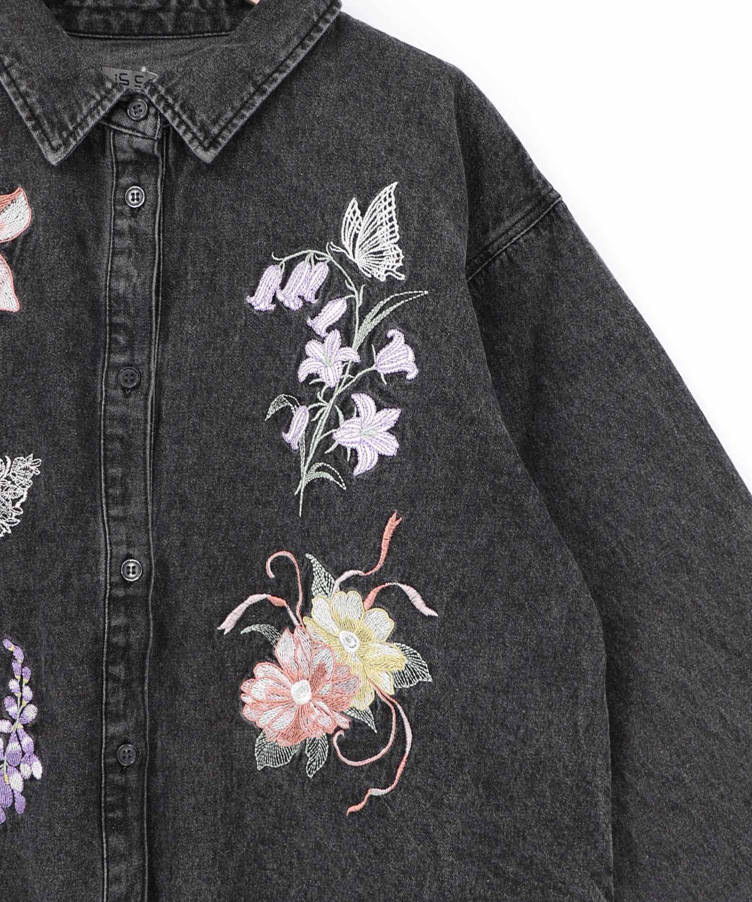 561238：花蝶刺繍すそフリンジ入りデニムシャツの通販-ScoLar
