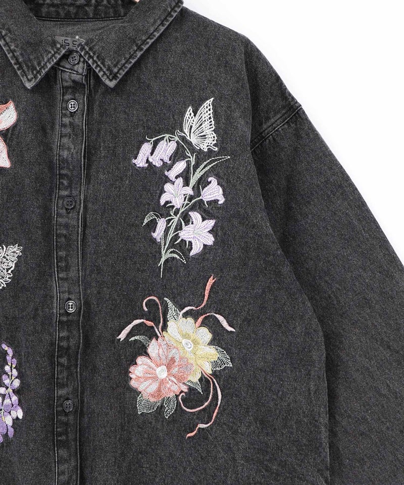 花蝶刺繍すそフリンジ入りデニムシャツ-18