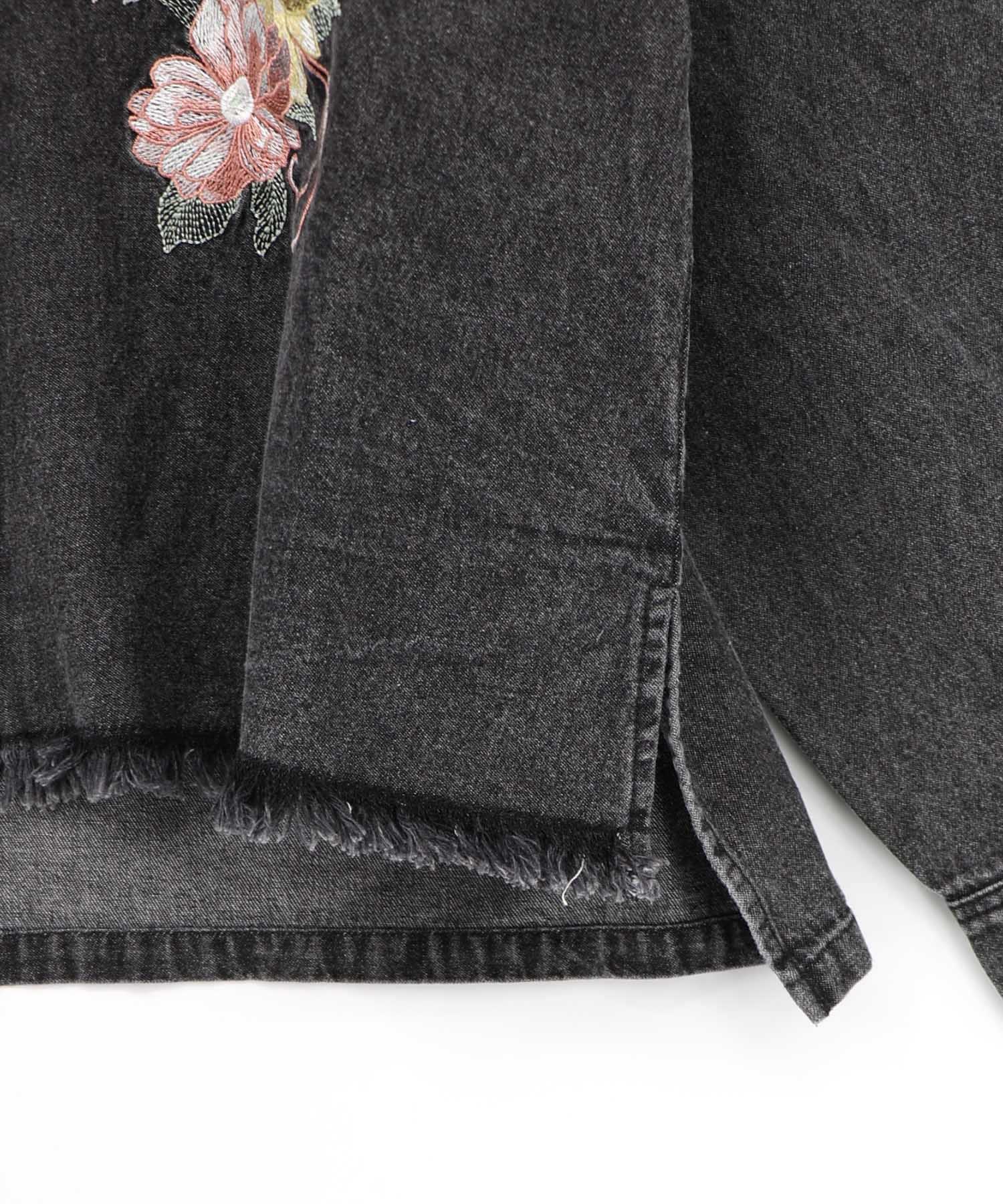 561238：花蝶刺繍すそフリンジ入りデニムシャツの通販-ScoLar