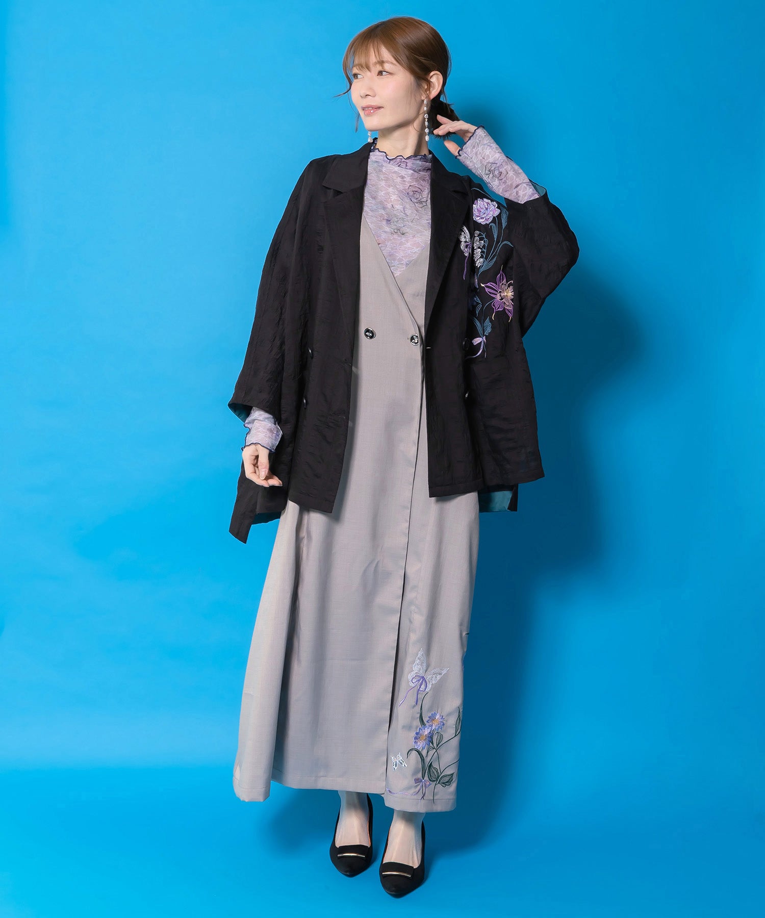 561236：花蝶刺繍トレンチ風ジャンパースカートの通販-ScoLar