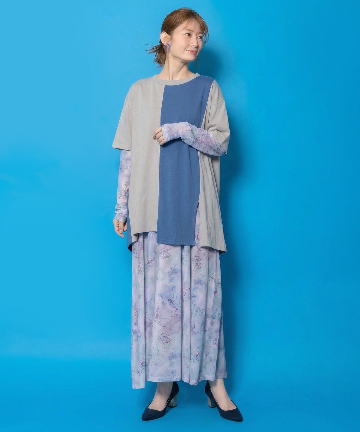 背面刺繍配色チュニック×マーブル柄ワンピセット-1